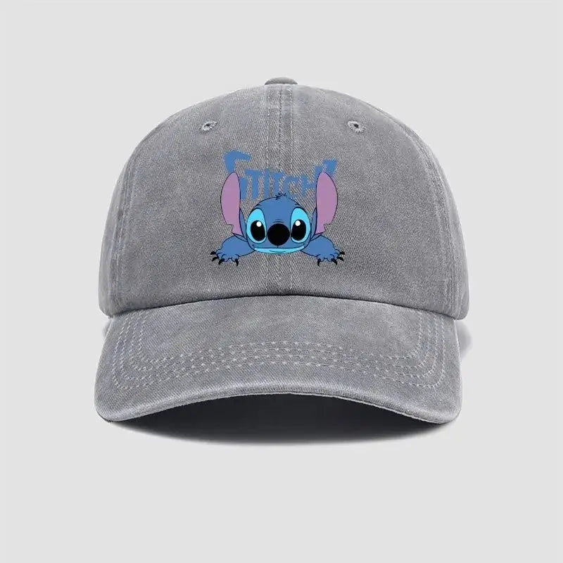 Gray distressed cotton baseball cap with breathable adjustable fit and blue stitch character embroidery on front