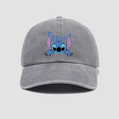 Gray distressed cotton baseball cap with breathable adjustable fit and blue stitch character embroidery on front