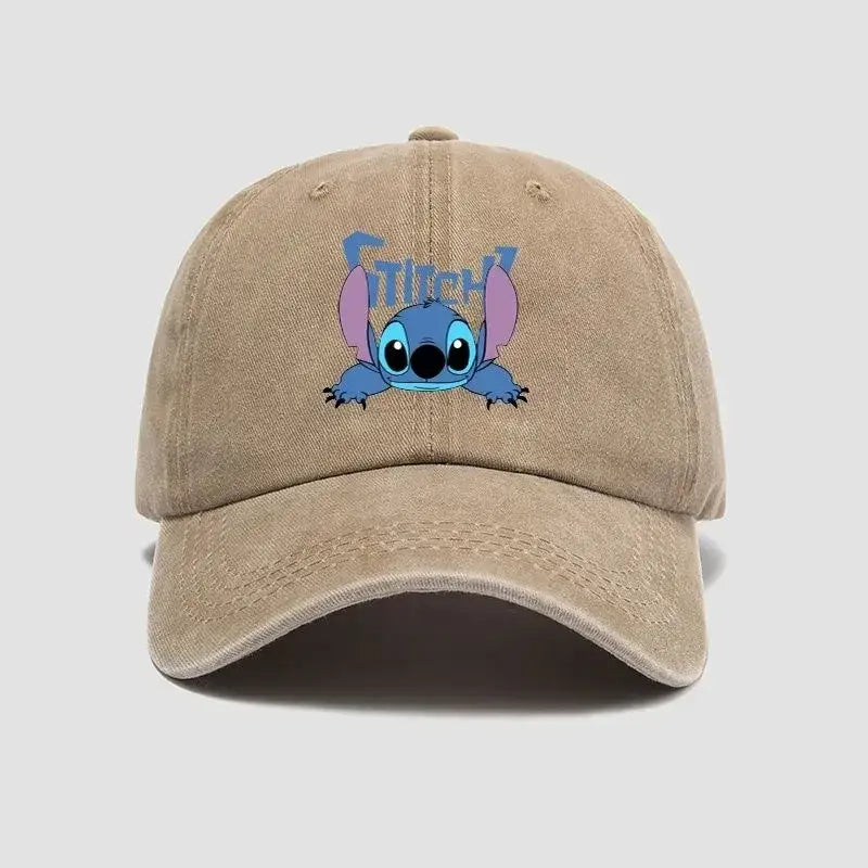 Beige breathable adjustable snapback cap featuring an embroidered blue stitch character with purple ears peeking out