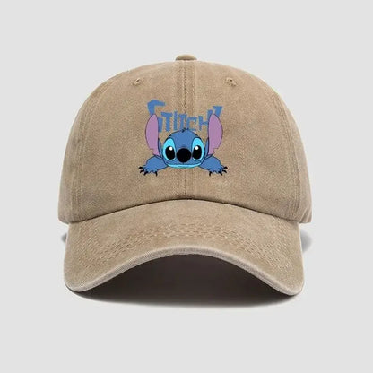 Beige breathable adjustable snapback cap featuring an embroidered blue stitch character with purple ears peeking out
