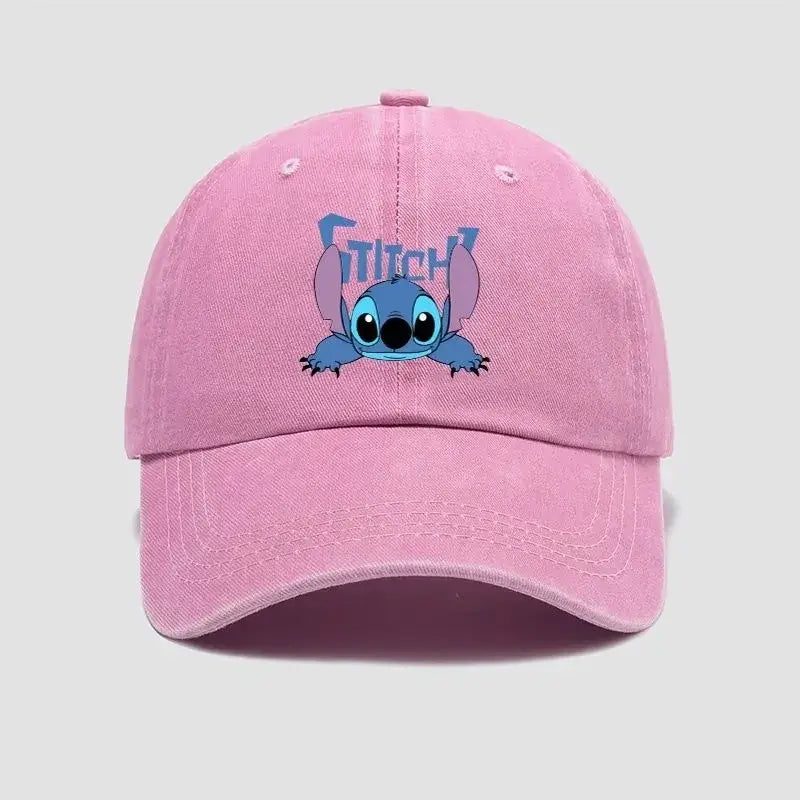 Pink cotton baseball cap with breathable adjustable fit featuring blue stitch graphic and stitch text above it