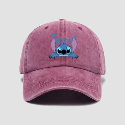 A dusty rose breathable adjustable snapback cap featuring an embroidered blue stitch character on the front