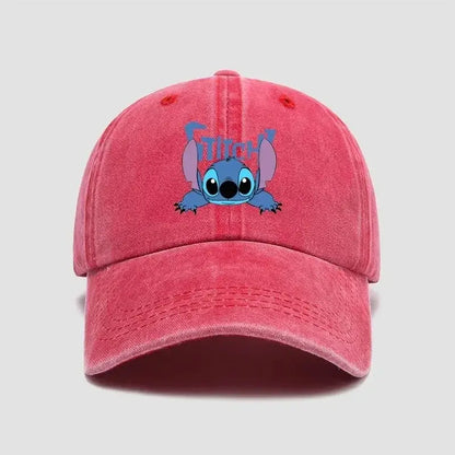 A pink distressed denim stitch snapback cap featuring a breathable adjustable design with blue stitch graphic and embroidery