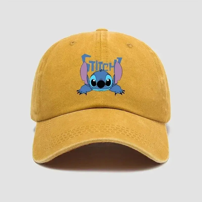 Mustard yellow cotton baseball cap with breathable adjustable snapback and blue stitch character with purple ears embroidery