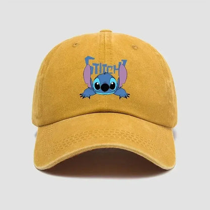 Mustard yellow cotton baseball cap with breathable adjustable snapback and blue stitch character with purple ears embroidery