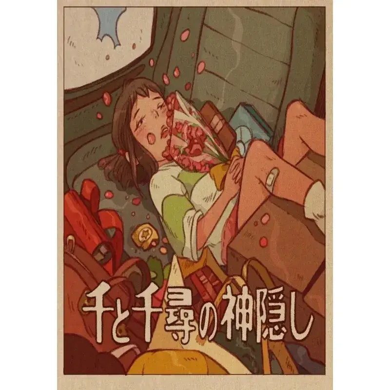 Vintage-style studio ghibli retro canvas wall print featuring a young woman in white and green with japanese text