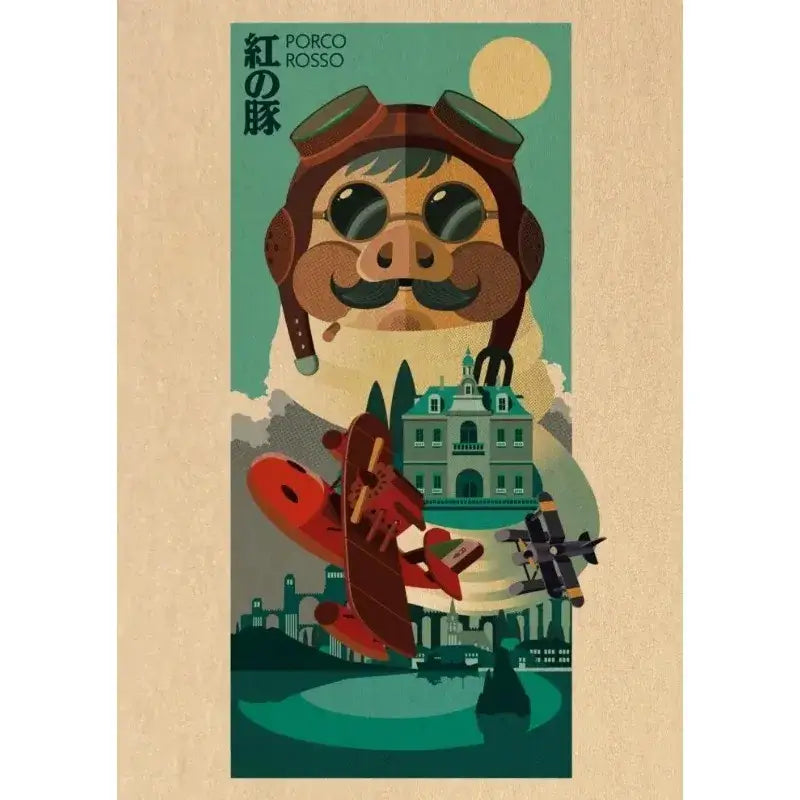 Vintage-style studio ghibli retro canvas wall print featuring a cartoon pig with aviator goggles and red airplanes