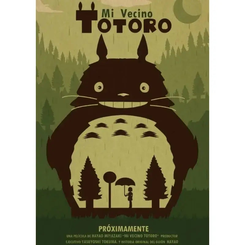 Stylized black and cream studio ghibli retro canvas wall print of totoro with forest scene inside its body