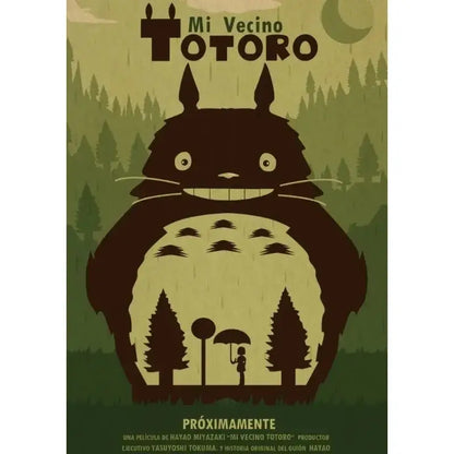 Stylized black and cream studio ghibli retro canvas wall print of totoro with forest scene inside its body