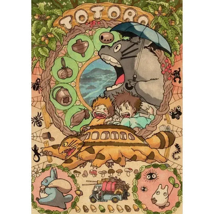 Studio Ghibli retro canvas print featuring totoro with umbrella and children on flying bus wall decor
