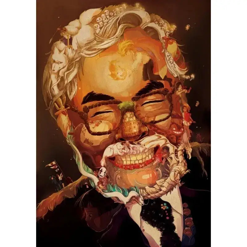Studio ghibli retro canvas print wall decor featuring a surreal smiling face with skulls and warm flowing hair tones