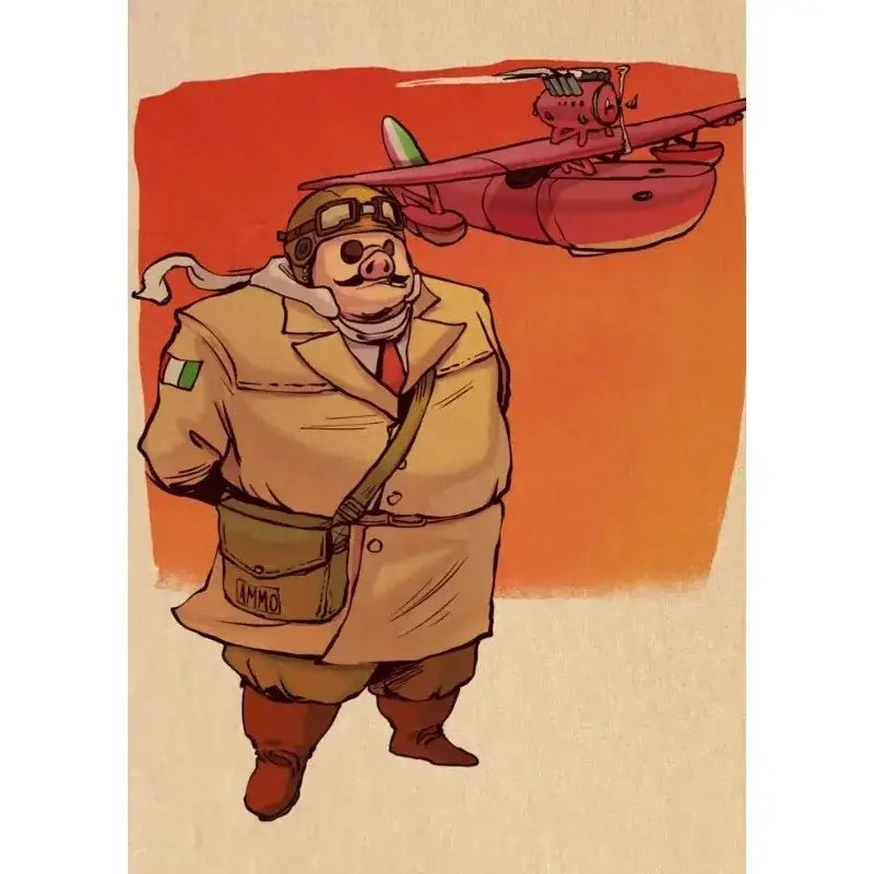 Studio Ghibli retro canvas wall print featuring a cartoon pig pilot in tan coat with Irish flag patch and goggles