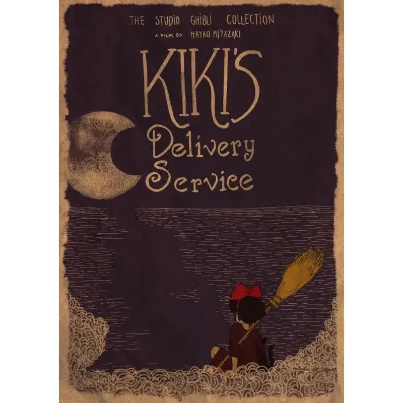 Vintage studio ghibli kiki’s delivery service retro canvas wall print with dark purple background and cream illustrations