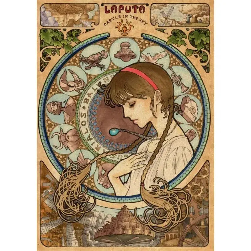 Artistic Studio Ghibli retro canvas wall print featuring a young woman with braids and a turquoise-tipped wand