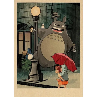 Vintage-style studio ghibli retro canvas wall print featuring gray totoro with brown spots and hat in rain by streetlamp