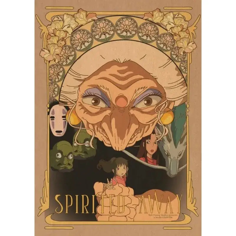 Artistic studio ghibli retro canvas wall print featuring a large wrinkled face with purple eyeshadow and gold frame