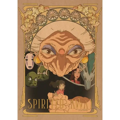 Artistic studio ghibli retro canvas wall print featuring a large wrinkled face with purple eyeshadow and gold frame