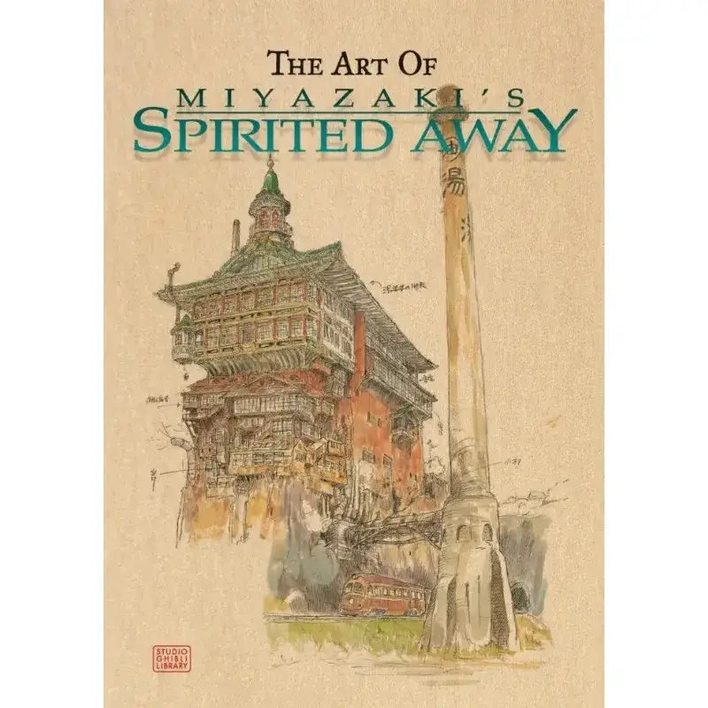 The studio ghibli retro canvas wall print features a warm earth tone sketch of spirited aways iconic building and pillar