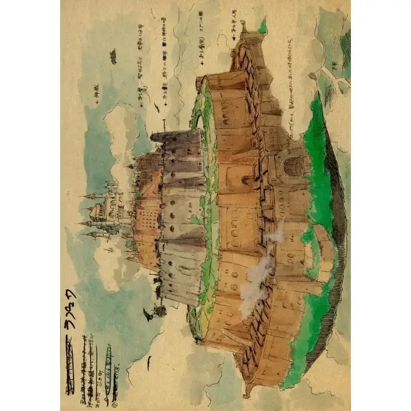 Studio ghibli retro canvas wall print featuring a hand-drawn floating castle with japanese text annotations