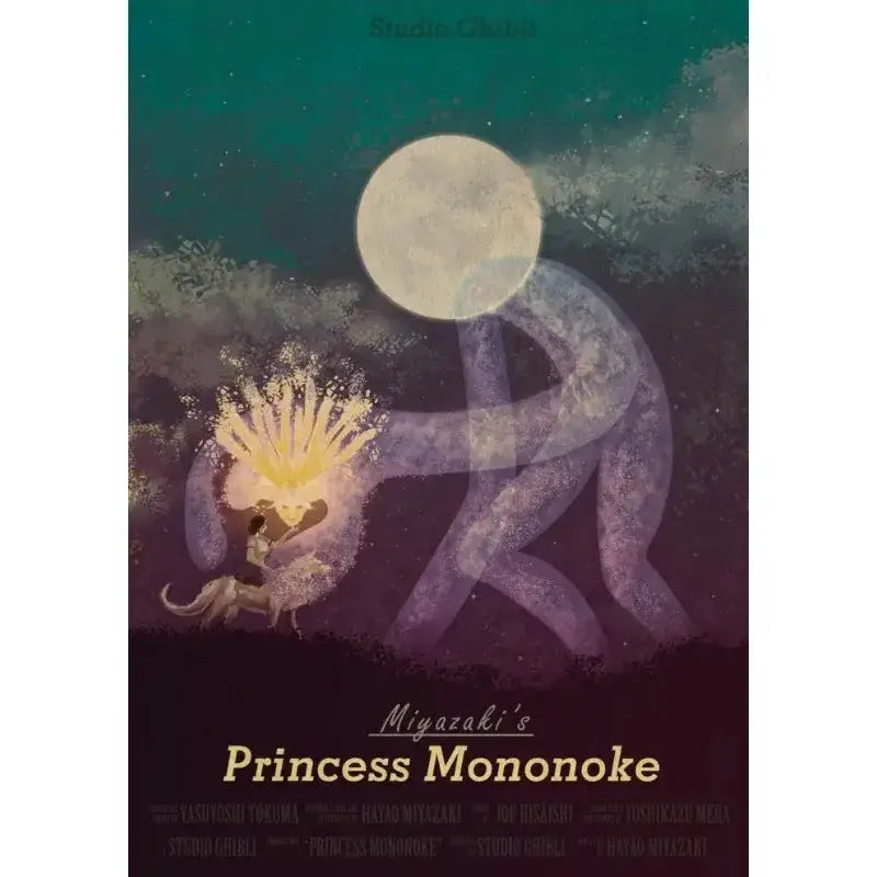 Studio ghibli hayao retro canvas print wall decor featuring princess mononoke with glowing hair and full moon background