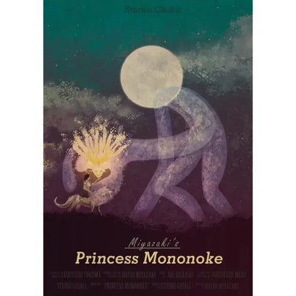 Studio ghibli hayao retro canvas print wall decor featuring princess mononoke with glowing hair and full moon background