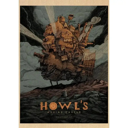 Detailed sepia toned retro canvas wall print of howl’s moving castle showcasing studio ghibli steampunk design