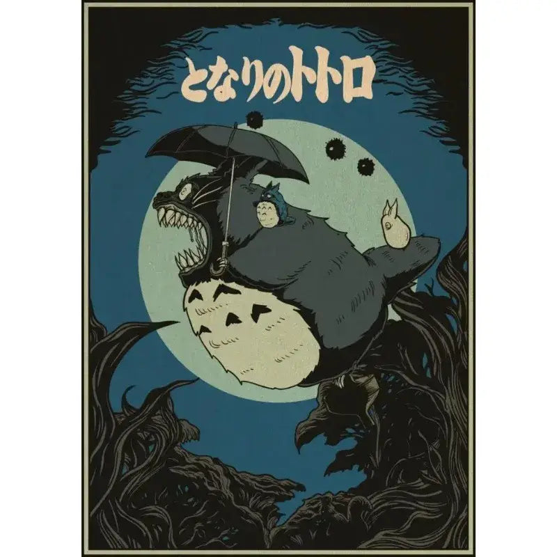 Stylized studio ghibli retro canvas print wall decor featuring dark gray furry totoro with umbrella under full moon