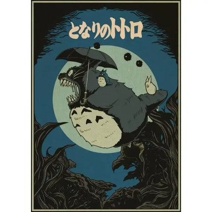 Stylized studio ghibli retro canvas print wall decor featuring dark gray furry totoro with umbrella under full moon