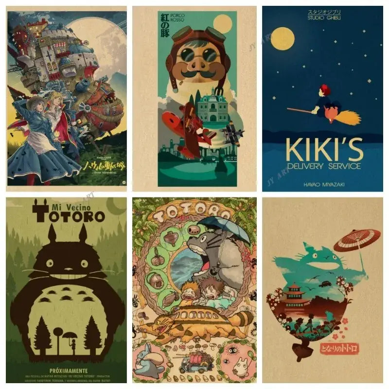 Vintage-style studio ghibli retro canvas wall print featuring colorful whimsical artwork from iconic films