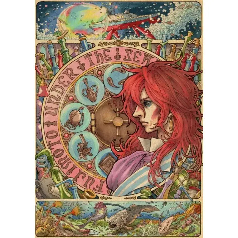 Studio Ghibli retro canvas wall print featuring a vibrant red-haired character in purple with ornate scientific design