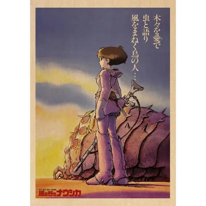 Purple-hued studio ghibli retro canvas wall print featuring a girl and spiky creature with orange markings