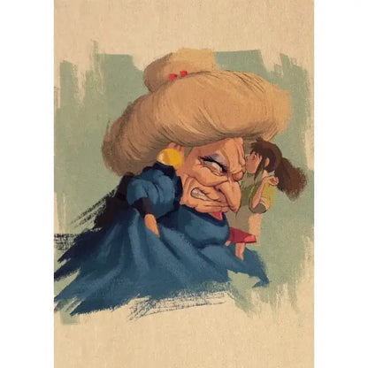 A studio ghibli retro canvas wall print featuring a cartoon angry woman with blonde hair in a blue dress