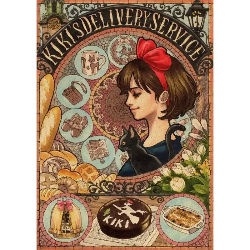 A studio ghibli retro canvas wall print featuring a young woman with brown hair and a black cat on an art nouveau background
