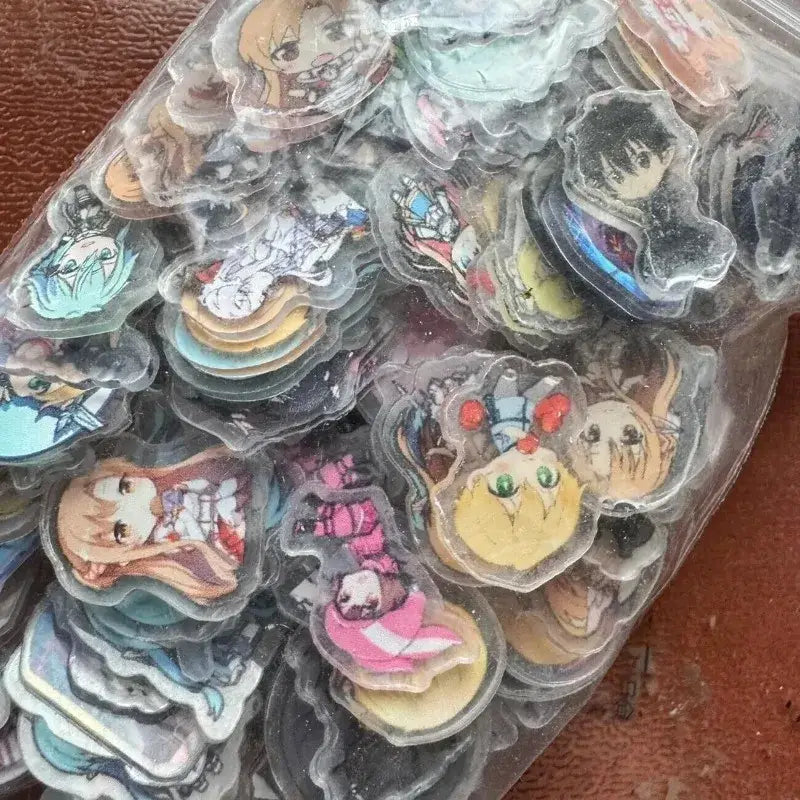 Clear acrylic sword art online asuna character stickers in colorful anime designs in a transparent plastic bag 100pcs diy