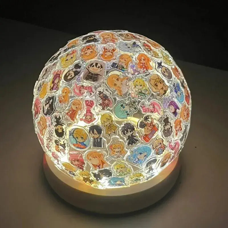 A glowing spherical lamp decorated with colorful sword art online asuna acrylic character stickers for diy use