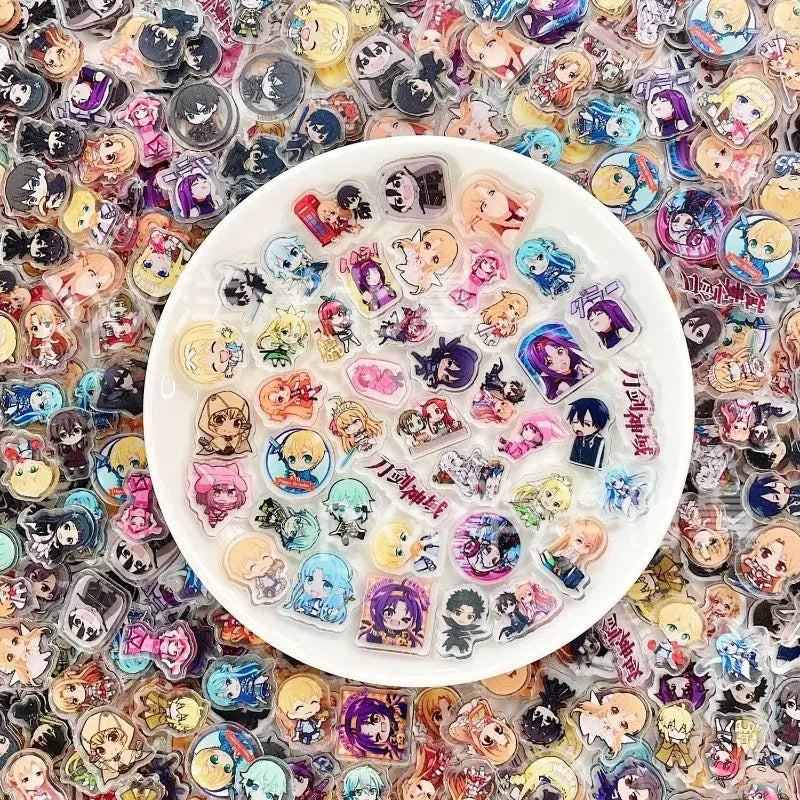 A white ceramic plate holding colorful transparent sword art online asuna acrylic stickers for diy crafts