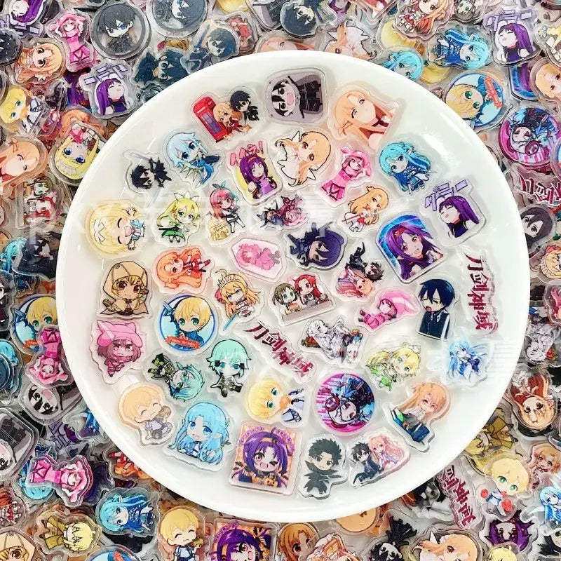 A white plate filled with colorful transparent sword art online asuna acrylic chibi stickers for diy patch crafts