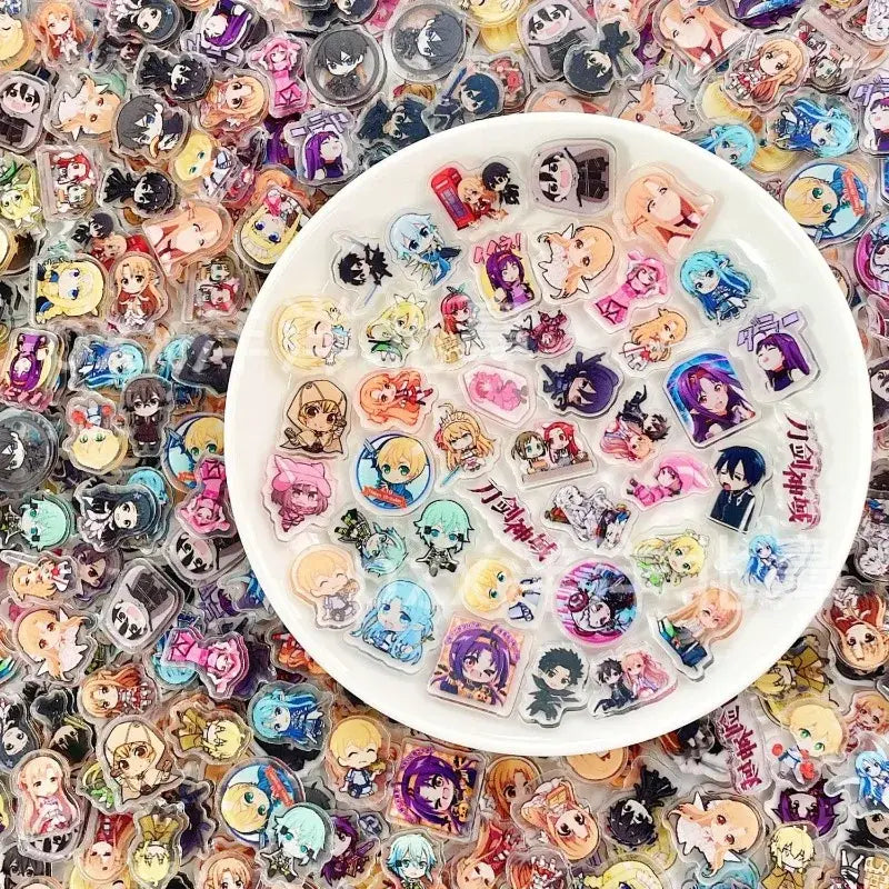 A white plate filled with colorful transparent sword art online asuna acrylic patches featuring vibrant designs