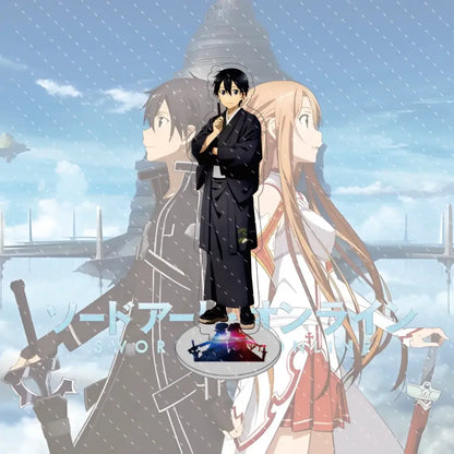 Black and white sword art online asuna acrylic stand featuring male figure in traditional attire on glowing sword base