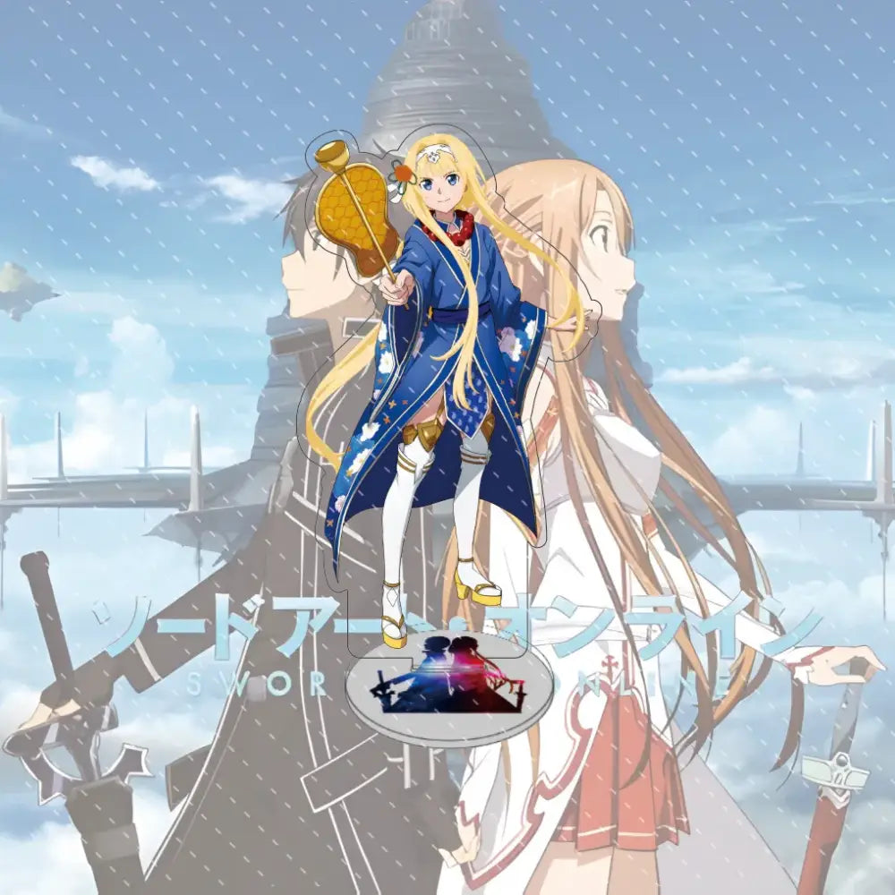 Sword art online asuna acrylic stand featuring a blue and gold patterned kimono character holding a golden flask