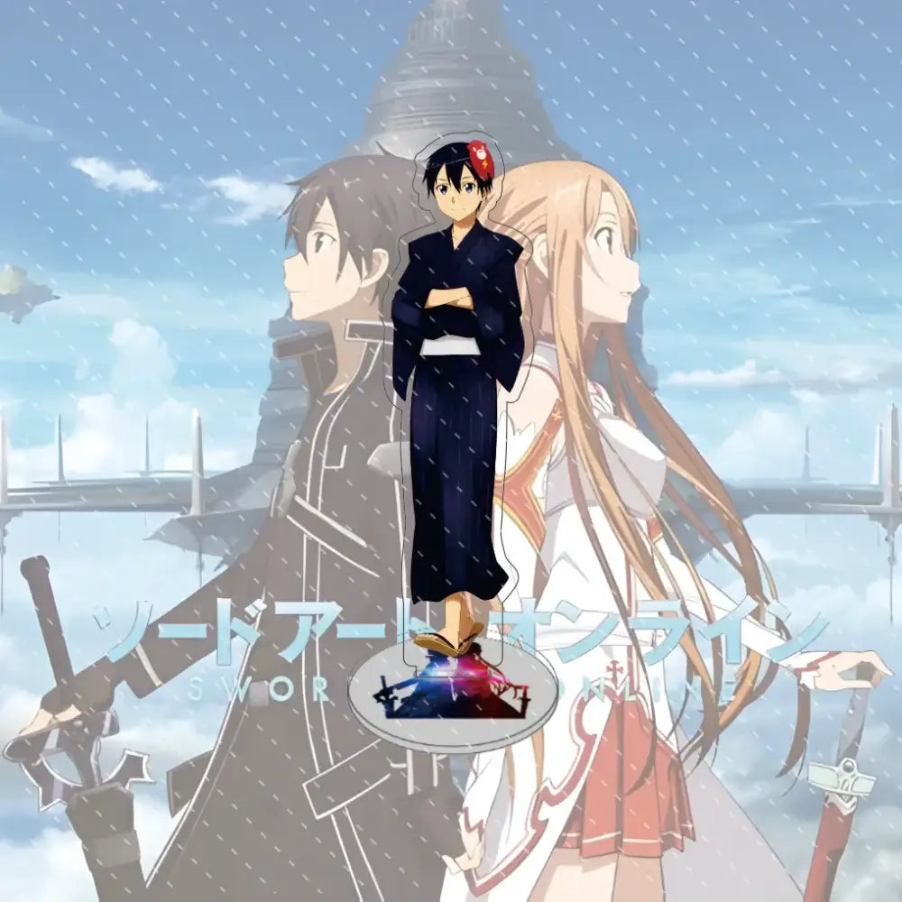 Sword art online asuna acrylic stand featuring a dark blue kimono outfit with white obi belt and red hair accessory