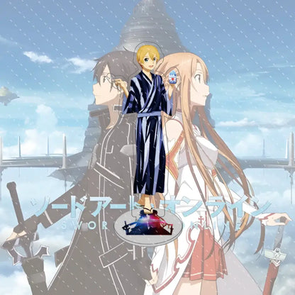 A clear acrylic stand featuring kirito from sword art online in a dark blue and white yukata with gold sandals