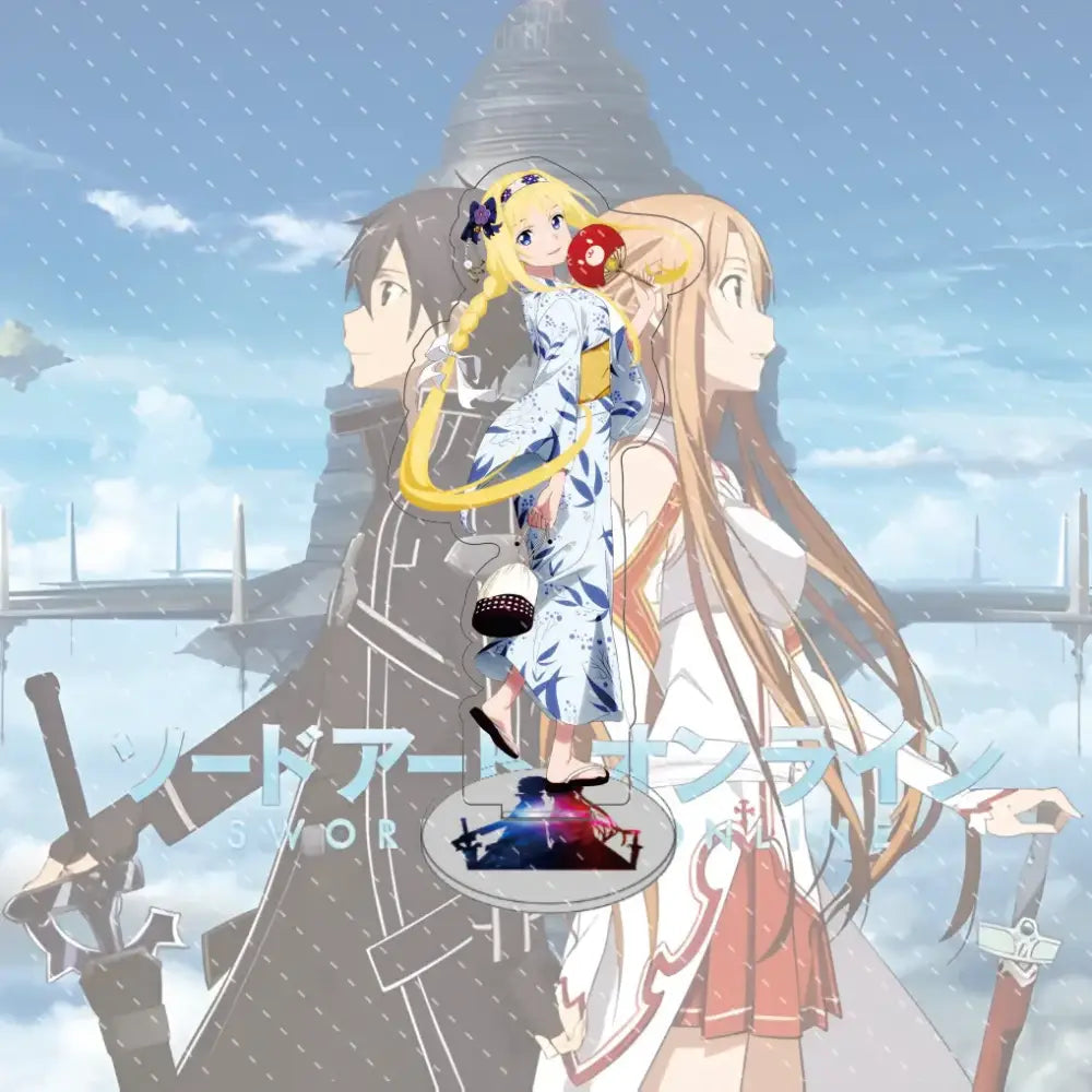 Blonde anime girl in white and blue yukata holding red apple sword art online asuna acrylic stand 15cm model