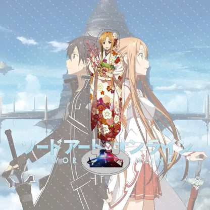 A circular translucent acrylic stand featuring a red and blue asuna silhouette from sword art online acrylic stand