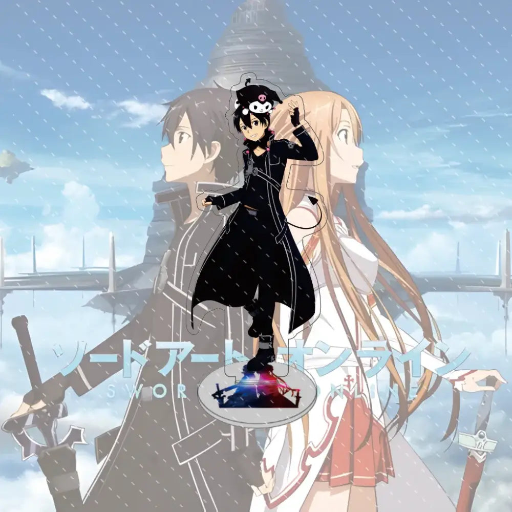 Black anime character figurine with white cat ears and skull hat on glowing base in sword art online asuna acrylic stand
