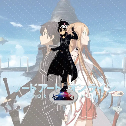 Black anime character figurine with white cat ears and skull hat on glowing base in sword art online asuna acrylic stand