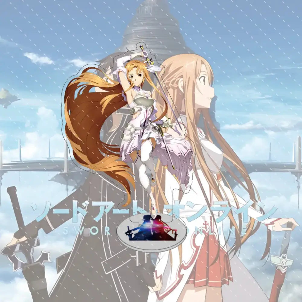 Anime-style acrylic stand of asuna from sword art online in white and purple outfit holding a sword with futuristic background