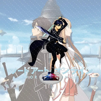 Black and silver sword with glowing blue and red hilt held by anime character in sword art online asuna acrylic stand