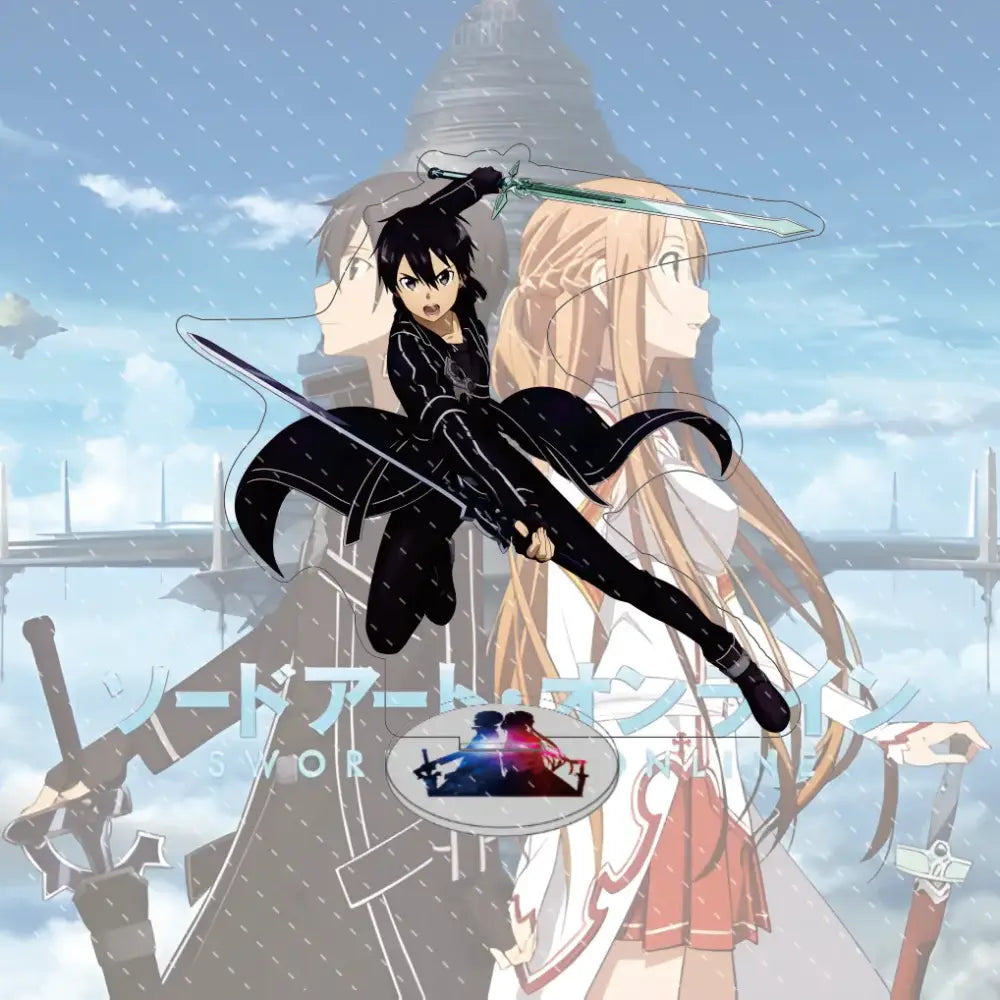 Sword art online asuna acrylic stand featuring a black-clad character with glowing sword in rainy sky 15cm acrylic model
