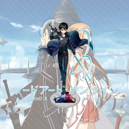 Black and blue sword wielding anime character acrylic stand with glowing cyan energy from sword art online asuna acrylic stand